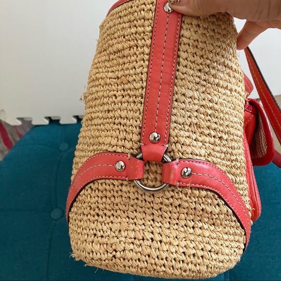 COACH 22904 Woven Straw Pocket Tote with orange/red leather accents - Picture 9 of 16